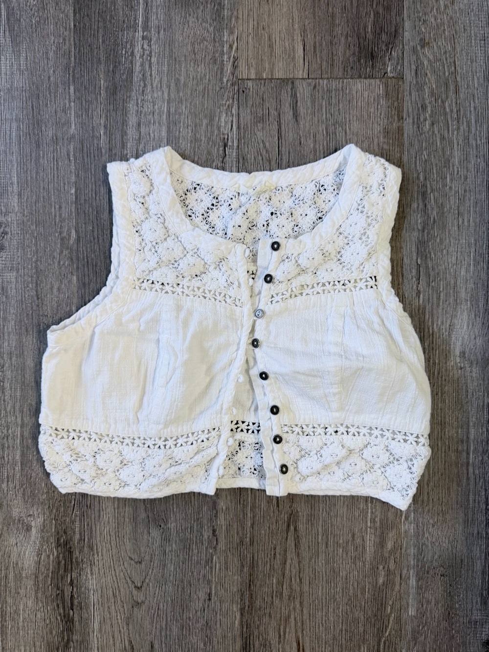 WOLF + CLEO White Crochet Button-Front Sleeveless Top